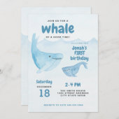 水彩クジラの最初の誕生日パーティーへの招待 招待状 (正面/裏面)