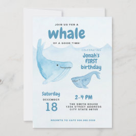 水彩クジラの最初の誕生日パーティーへの招待 招待状