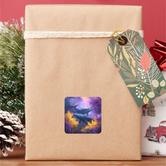 水彩クジラ抽象芸術海園 スクエアシール (クリスマス)