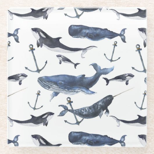 水彩クジラ&いかり ガラスコースター (正面)