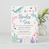水彩クジラ　海の中の赤ちゃん女の子のシャワー 招待状 (スタンド正面)