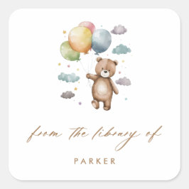 水彩クマとバルーン子供ライブラリ蔵書票 スクエアシール