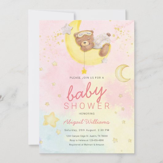水彩クマの少女、月/星のベビーシャワー 招待状 (正面)