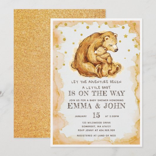 水彩クマグリッターベビーシャワー 招待状 (正面/裏面)