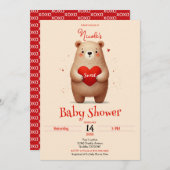 水彩クマ赤いハートバレンタインデーシャワー 招待状 (正面/裏面)