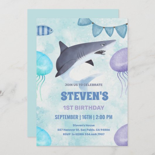 水彩クラゲとサメの1歳の誕生日 招待状 (正面/裏面)