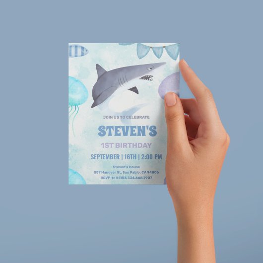水彩クラゲとサメの1歳の誕生日 招待状