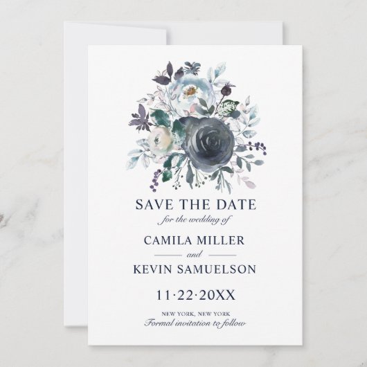 水彩クラシックブルーネイビーフローラ結婚ズ セーブザデート (正面)