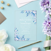 水彩クラシックブルー冬の緑結婚色 アクリル招待状 (インサイチュ (ウェディング))