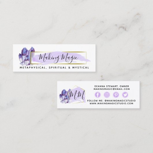 水彩クリスタル&金ゴールドミニマリストソーシャルメディア スキニー名刺 (正面/裏面)