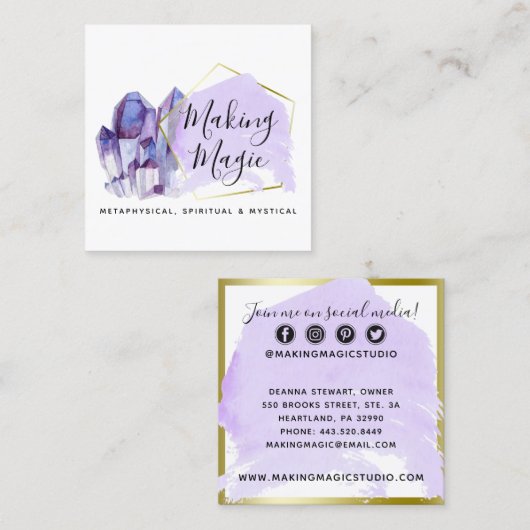 水彩クリスタル&金ゴールドミニマリストソーシャルメディア スクエア名刺 (正面/裏面)