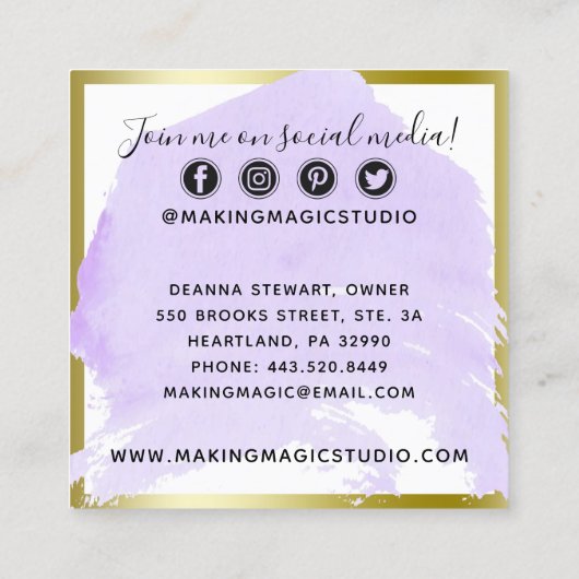 水彩クリスタル&金ゴールドミニマリストソーシャルメディア スクエア名刺 (裏面)