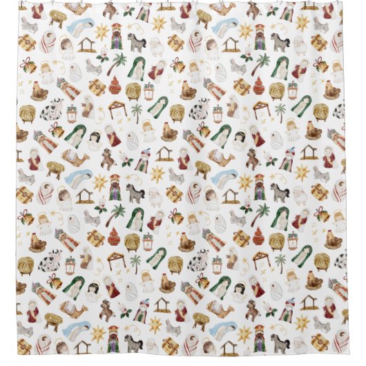 水彩クリスチャンクリスマス出生 シャワーカーテン (正面)