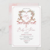 水彩クリストピンクの花ロッキングホースバブ 招待状 (正面/裏面)