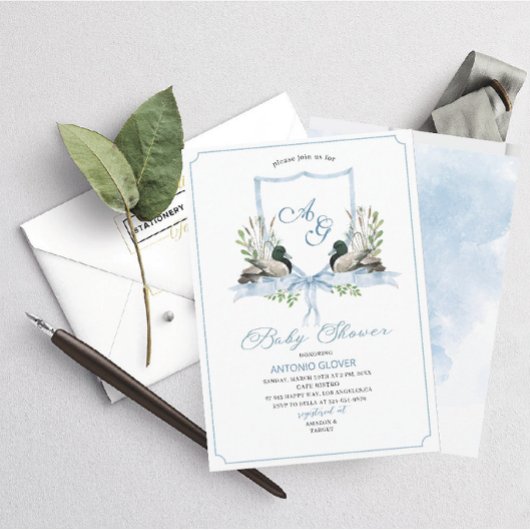 水彩クリストブルーダックマラードベビーシャワー 招待状
