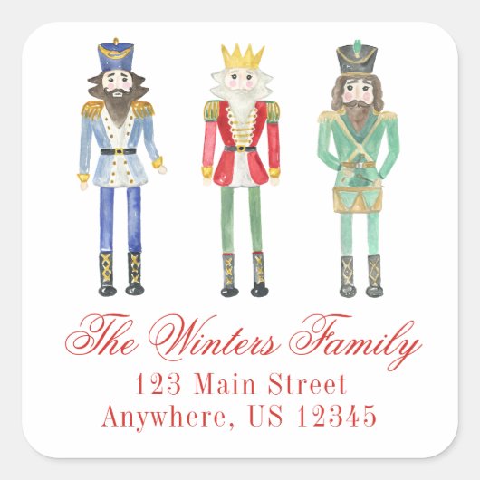 水彩クリスマスくるみ割り差出人住所 スクエアシール (正面)