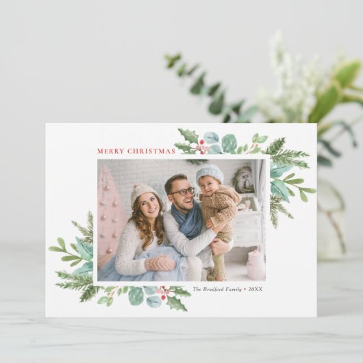 水彩クリスマスの葉とホリー写真 シーズンカード (スタンド正面)