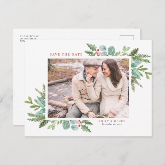 水彩クリスマスの葉の写真日付を保存 案内ポストカード (正面/裏面)