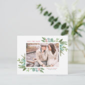 水彩クリスマスの葉の写真日付を保存 案内ポストカード (スタンド正面)