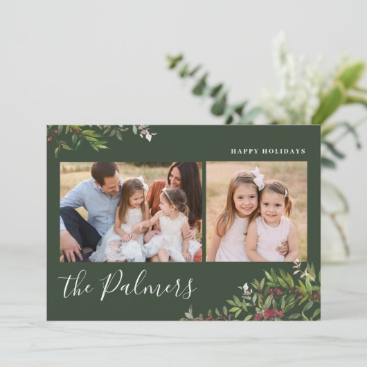 水彩クリスマスの葉の家族のサイン シーズンカード (スタンド正面)