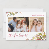 水彩クリスマスの葉の家族のサイン シーズンカード (正面)