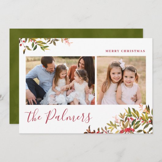 水彩クリスマスの葉の家族のサイン シーズンカード (正面/裏面)