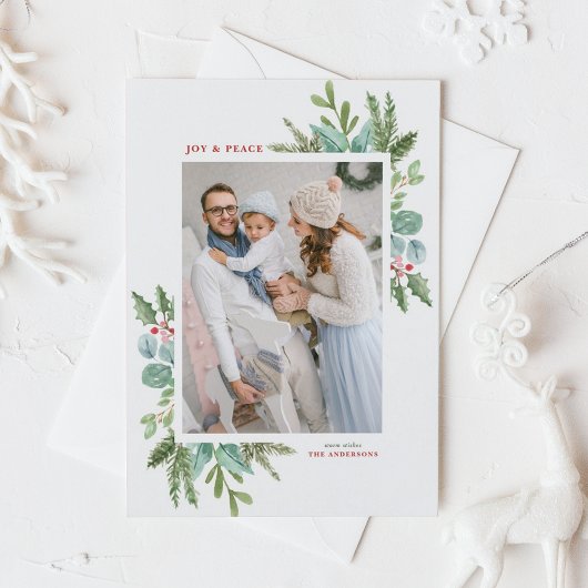 水彩クリスマスの葉フレームホリデーフォト シーズンポストカード