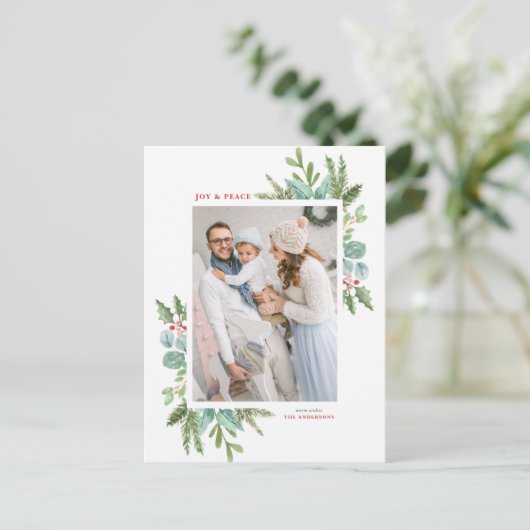 水彩クリスマスの葉フレームホリデーフォト シーズンポストカード (スタンド正面)