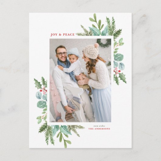 水彩クリスマスの葉フレームホリデーフォト シーズンポストカード (正面)