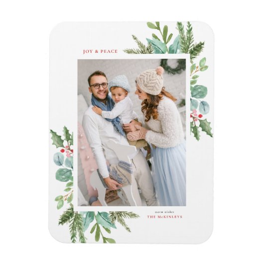 水彩クリスマスの葉フレームホリデーフォト マグネット (縦)