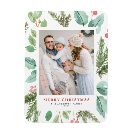 水彩クリスマスの葉ホリーホリデイ写真 マグネット (縦)