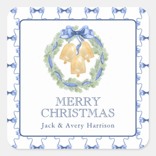 水彩クリスマスまたはウェディング ベルリース スクエアシール (正面)