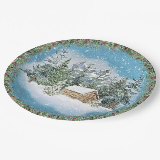 水彩クリスマスウィンタースノーウィークキャビン ペーパープレート (アングル)