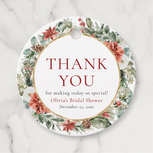 水彩クリスマスウィンターレッド金ゴールドブライダルシャワー フェイバータグ (正面)