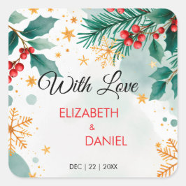 水彩クリスマスウェディング ホリー付き スクエアシール