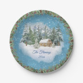 水彩クリスマスウッドランドパーソナライズされた冬 ペーパープレート (正面)