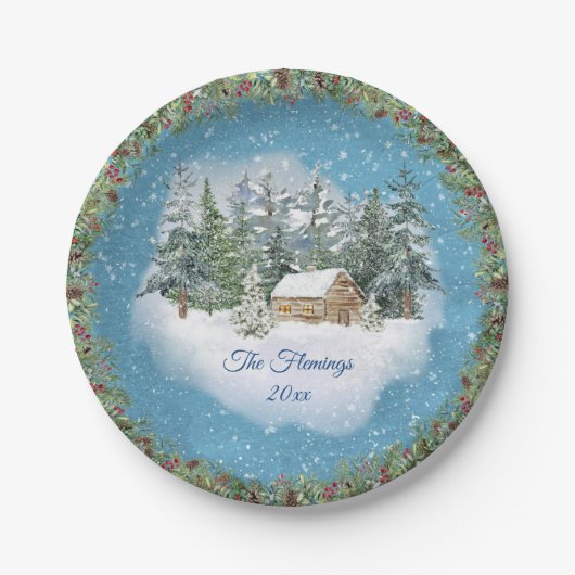 水彩クリスマスウッドランドパーソナライズされた冬 ペーパープレート (正面)