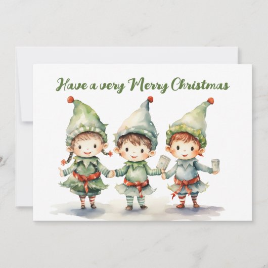 水彩クリスマスエルフにテキストを追加 シーズンカード (正面)