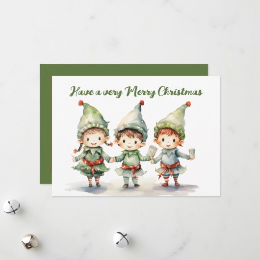 水彩クリスマスエルフに追加テキスト シーズンカード (正面/裏面インサイチュ)