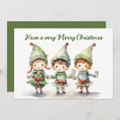 水彩クリスマスエルフに追加テキスト シーズンカード (正面/裏面)