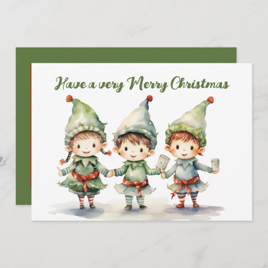 水彩クリスマスエルフに追加テキスト シーズンカード (正面/裏面)