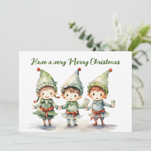 水彩クリスマスエルフに追加テキスト シーズンカード (スタンド正面)