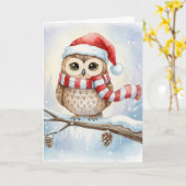 水彩クリスマスオウル in サンタ帽 カード (黄色い花)