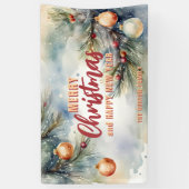 水彩クリスマスオーナメントと松の枝 横断幕 (縦)