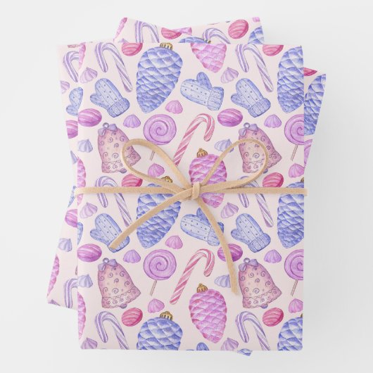 水彩クリスマスオーナメントキャンディーケーン ラッピングペーパーシート (インサイチュ)