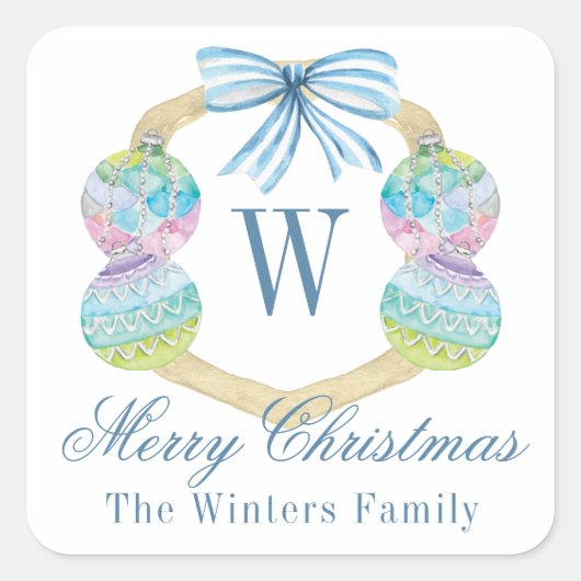 水彩クリスマスオーナメントモノグラムクレスト スクエアシール (正面)