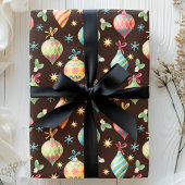 水彩クリスマスオーナメント ブラウン ホリデー ラッピングペーパー