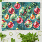 水彩クリスマスオーナメント、赤とティール（緑がかった色）緑 キッチンタオル (折り畳み)