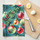 水彩クリスマスオーナメント、赤とティール（緑がかった色）緑 キッチンタオル (四つ折り)
