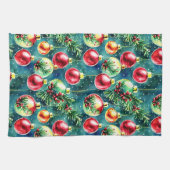 水彩クリスマスオーナメント、赤とティール（緑がかった色）緑 キッチンタオル (横)
